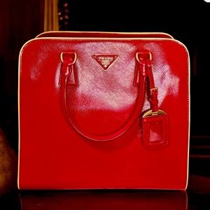 Auth. PRADA 2012 Candy Apple Red Saffiano Leather Tote